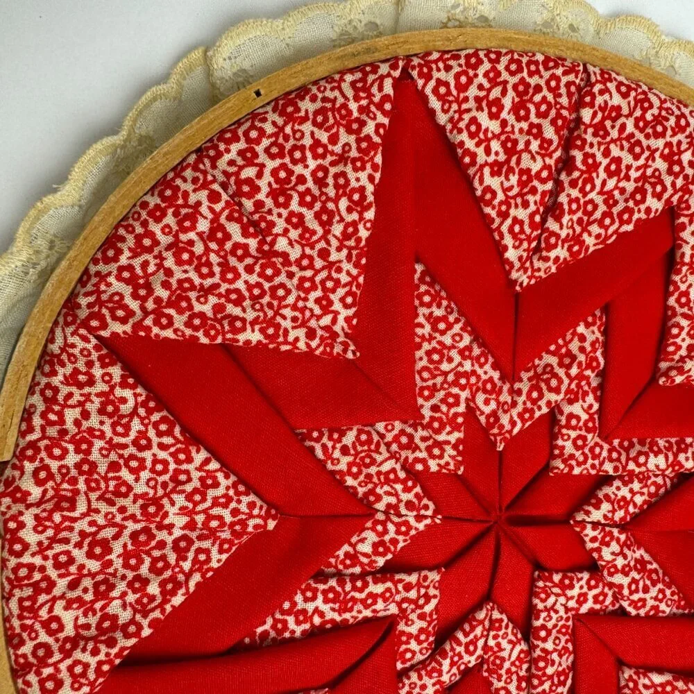 Vintage Red Folded Star Quilted Design Embroidery Hoop Wall ART Country Rustic